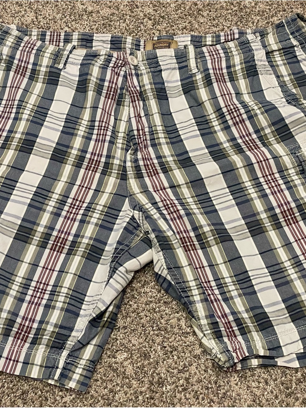 The Foundry Supply Co. Plaid Flat Cargo Shorts in Navy, Olive, White & Burgundy